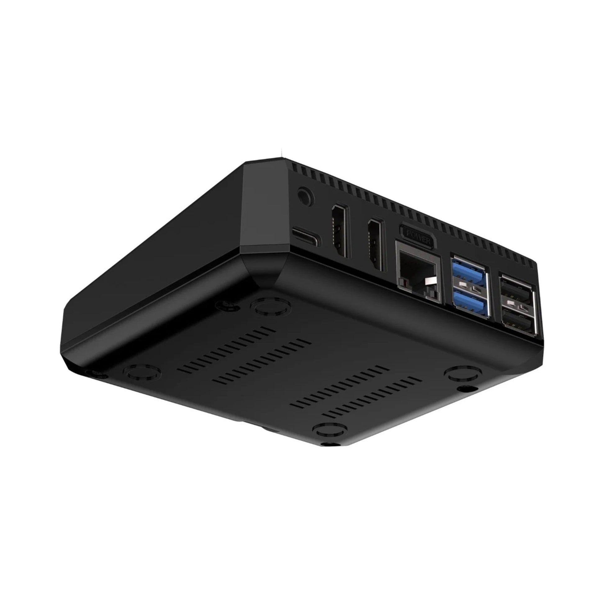 Argon ONE V3 Case for Raspberry Pi 5 showing ports and sleek aluminum design for optimal cooling.