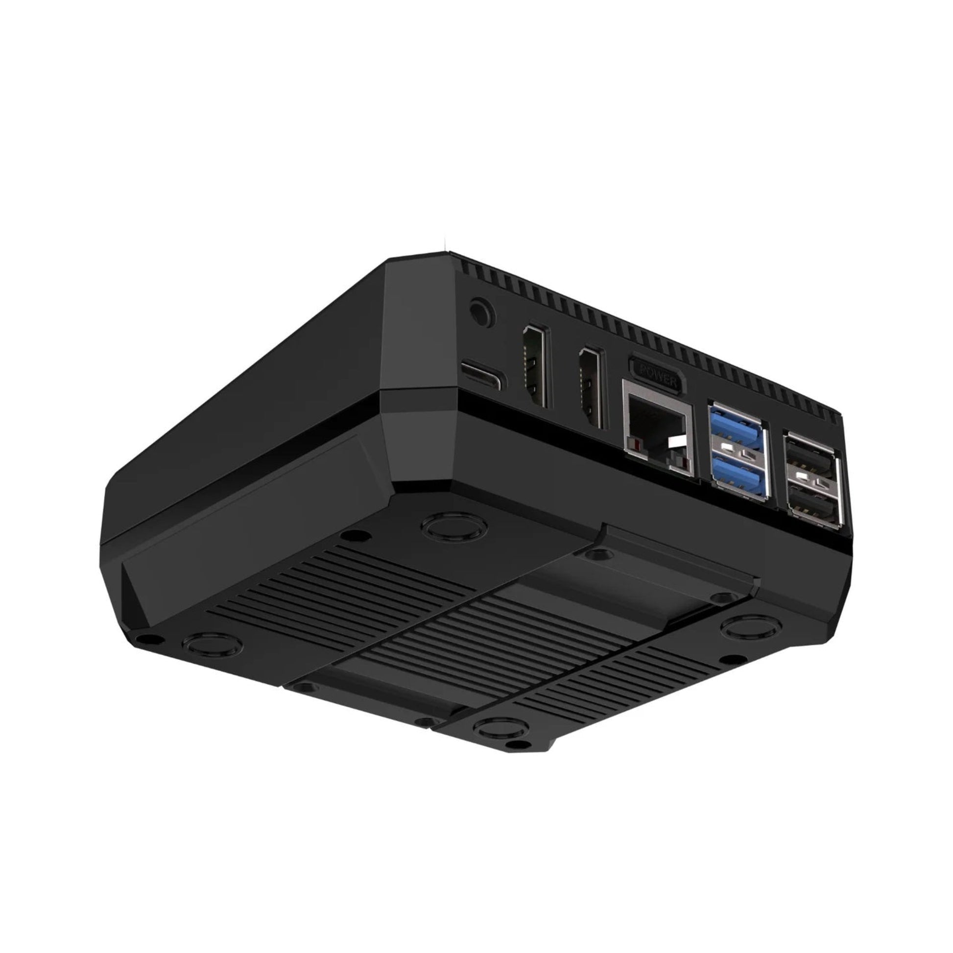 Argon ONE V3 M.2 NVME case for Raspberry Pi 5 showcasing ports and heatsink design.