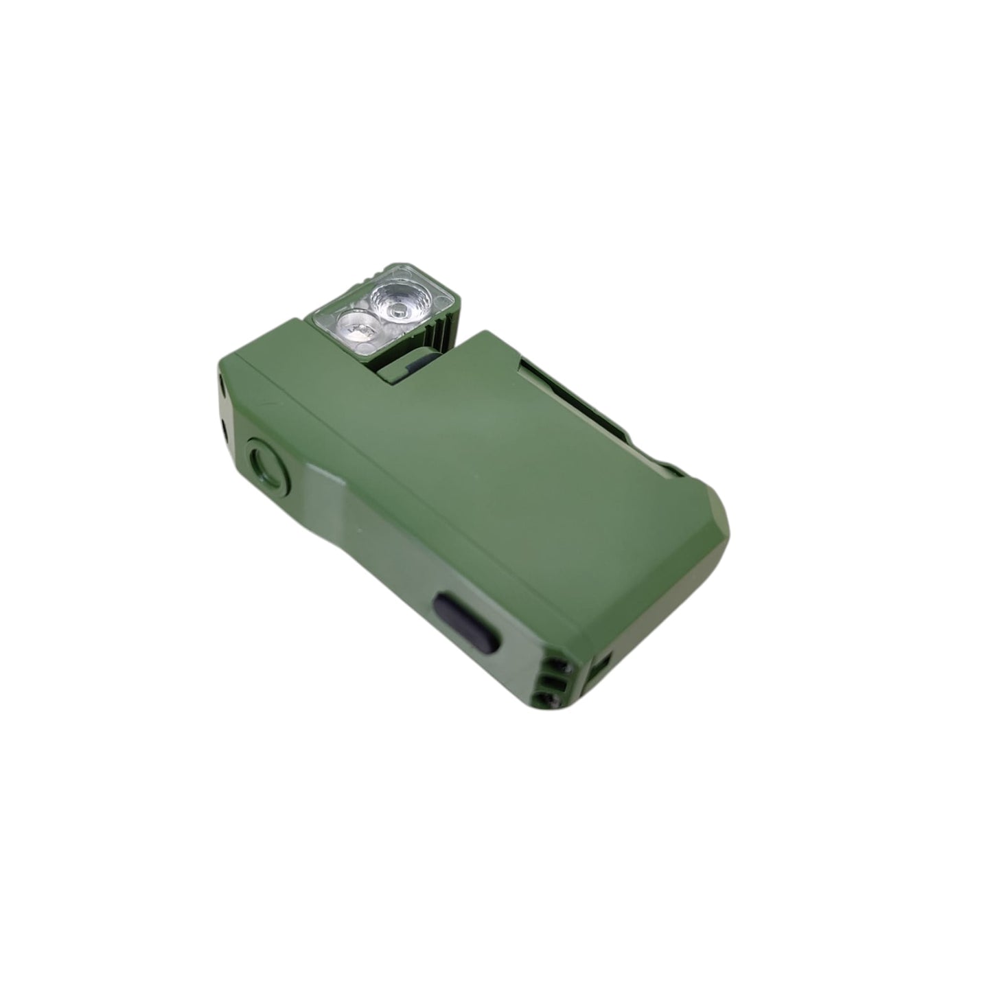 Angled close-up of the army green EDC pocket light highlighting the robust casing and click switch.