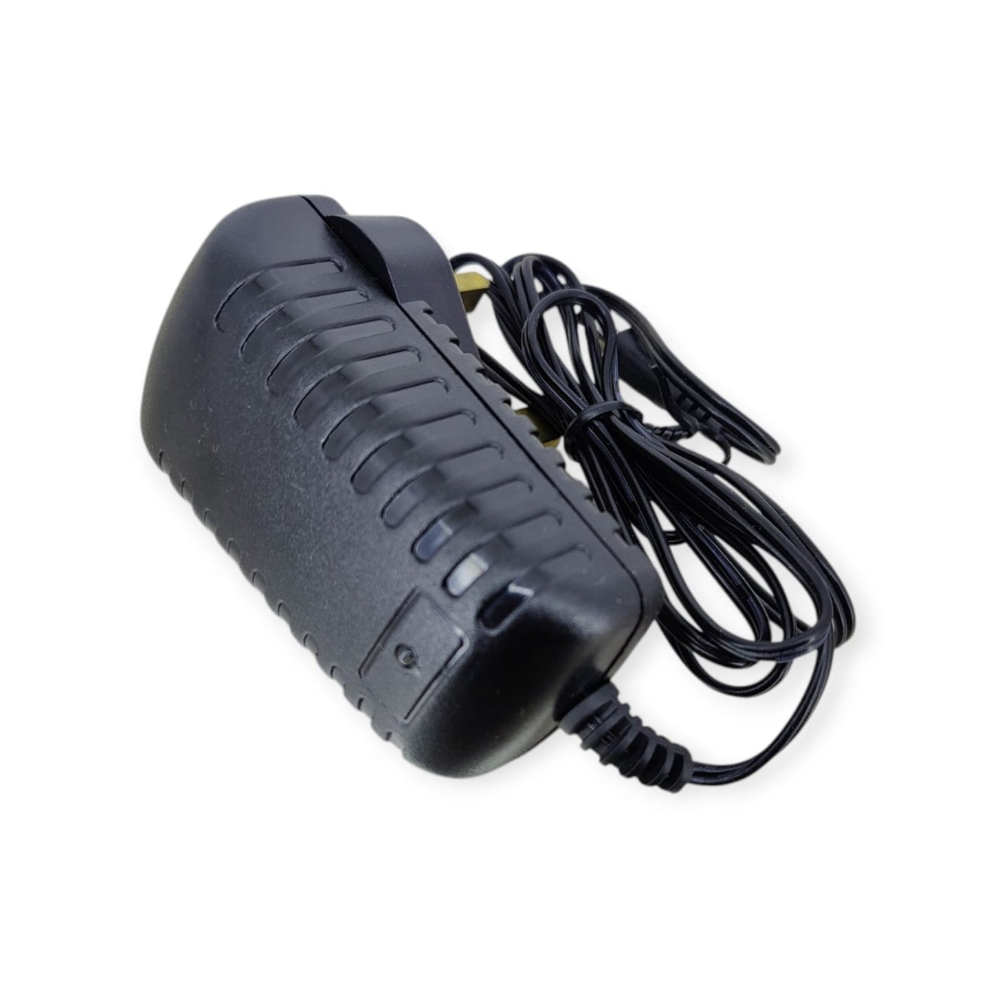 Side profile of the black ASTRO 12V 2A power adapter with its coiled cable and 5.5mm DC connector.