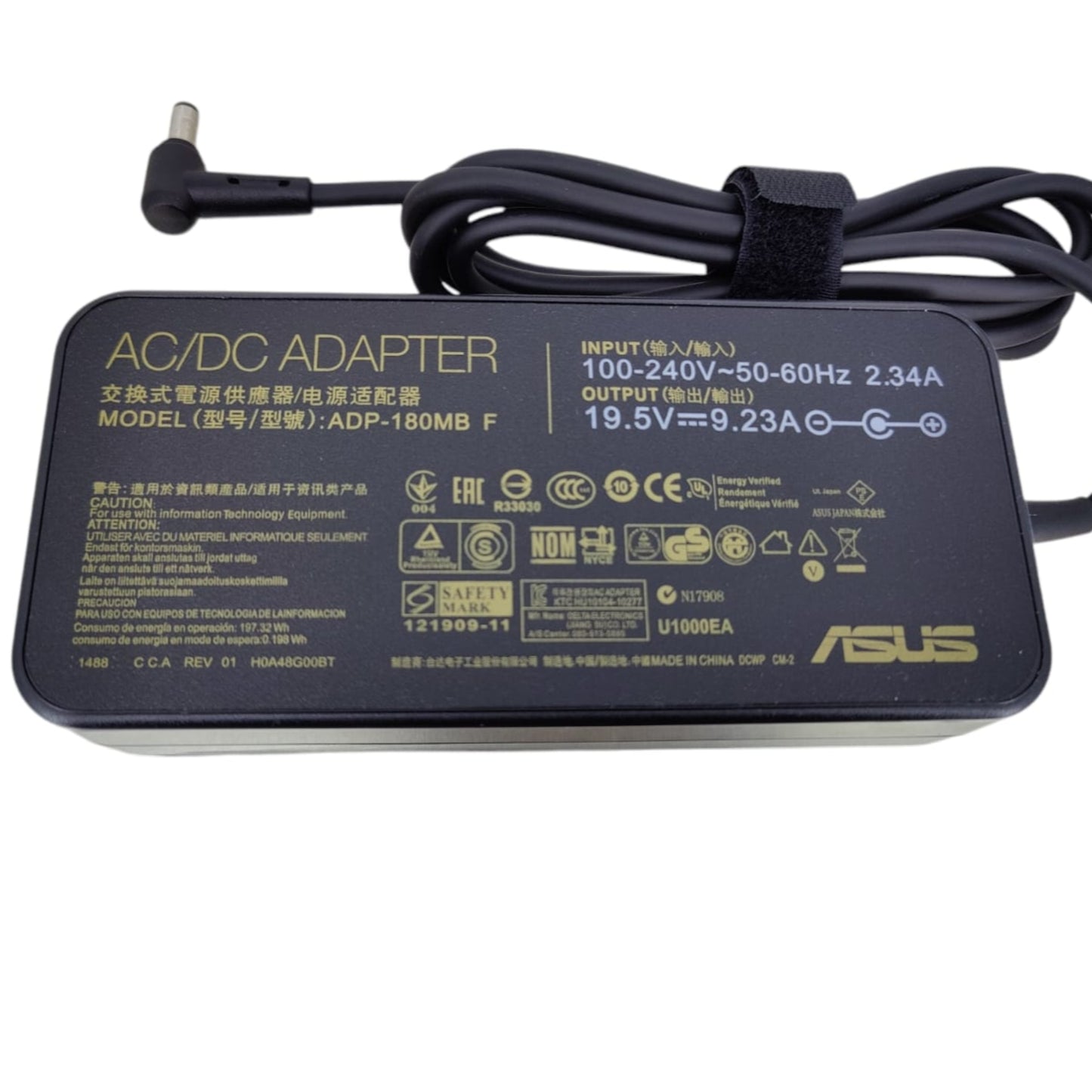 ASUS 180W laptop charger with 19.5V 9.23A specifications, ideal for high-performance gaming laptops.