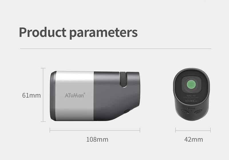 Atuman TR1 telescope and laser rangefinder product dimensions and parameters displayed clearly.