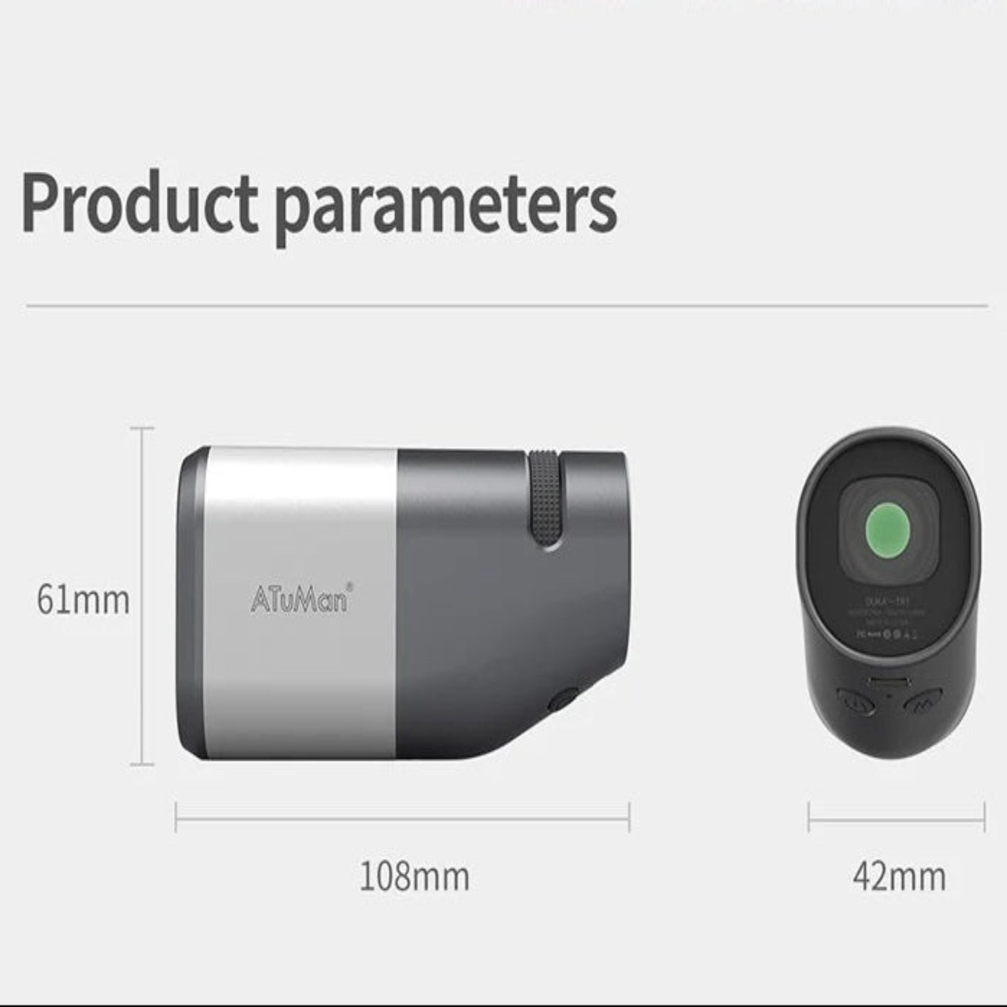 Atuman TR1 telescope and laser rangefinder product dimensions and parameters displayed clearly.