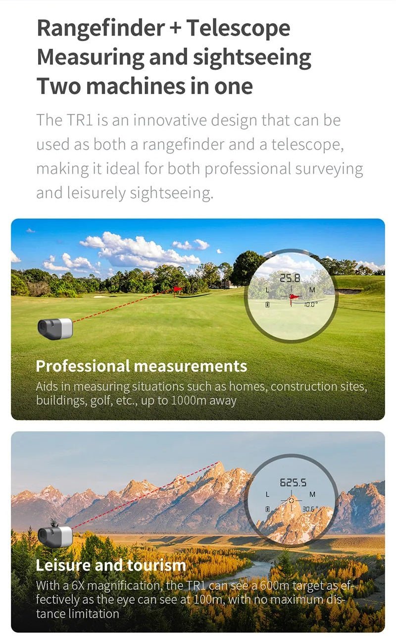 Atuman TR1 2-in-1 rangefinder and telescope, perfect for precision measurements and sightseeing up to 1000m.