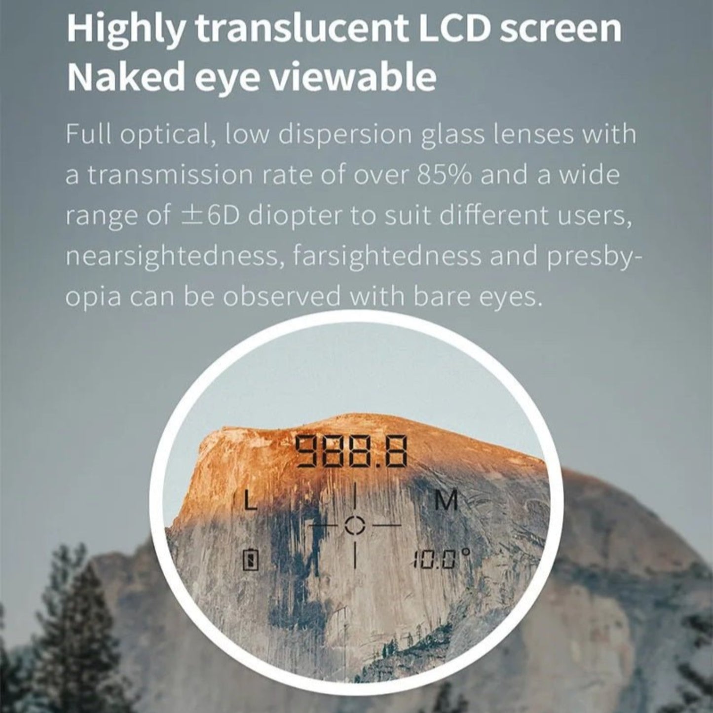 Highly translucent LCD screen showing precision measurements, visible to the naked eye for various visual needs.