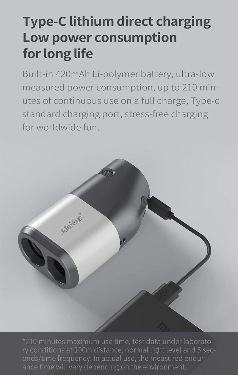 Atuman TR1 2-in-1 Telescope & Laser Rangefinder with Type-C charging and low power consumption features.