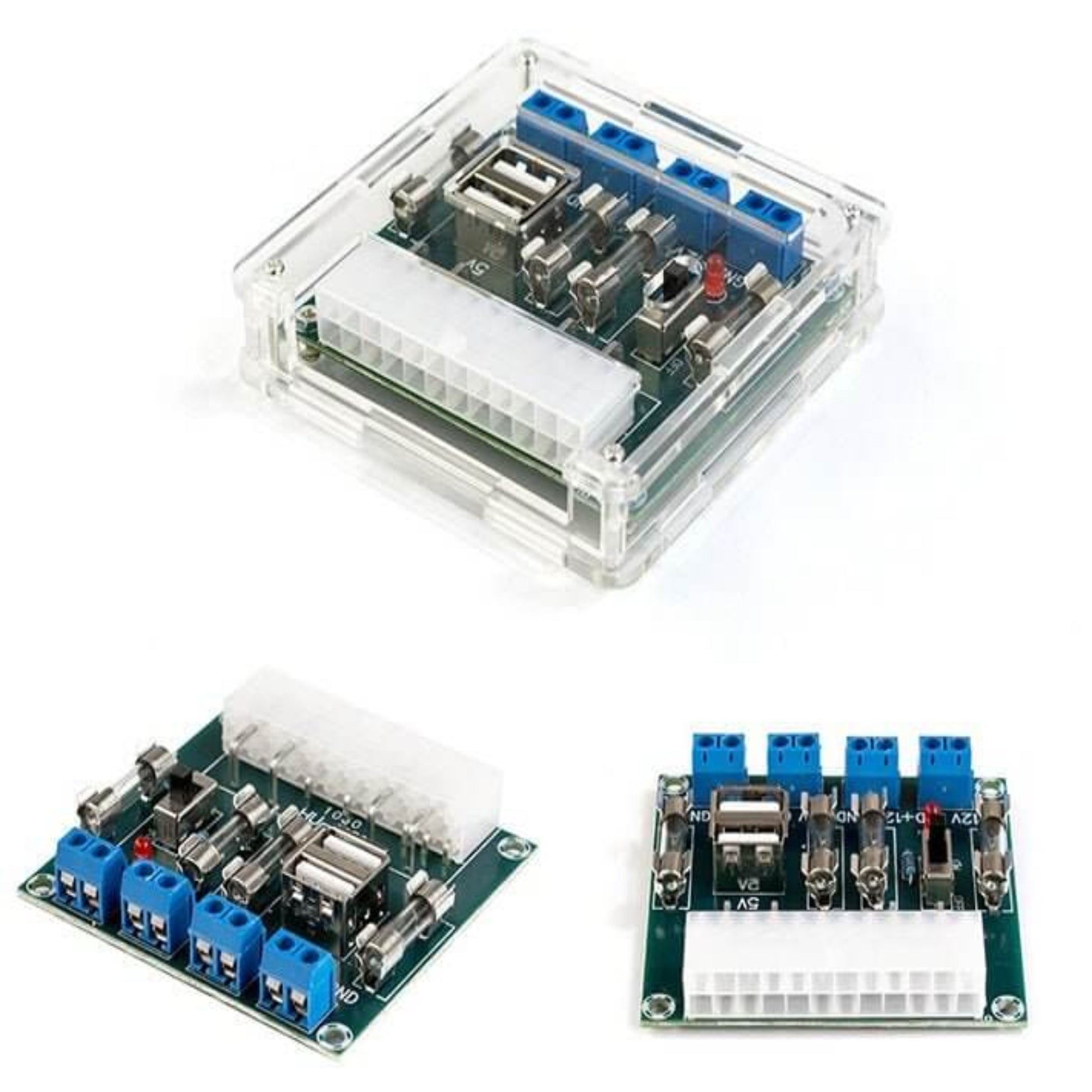 ATX power supply breakout board with USB ports in an acrylic case, showcasing versatile outputs for DIY electronics.