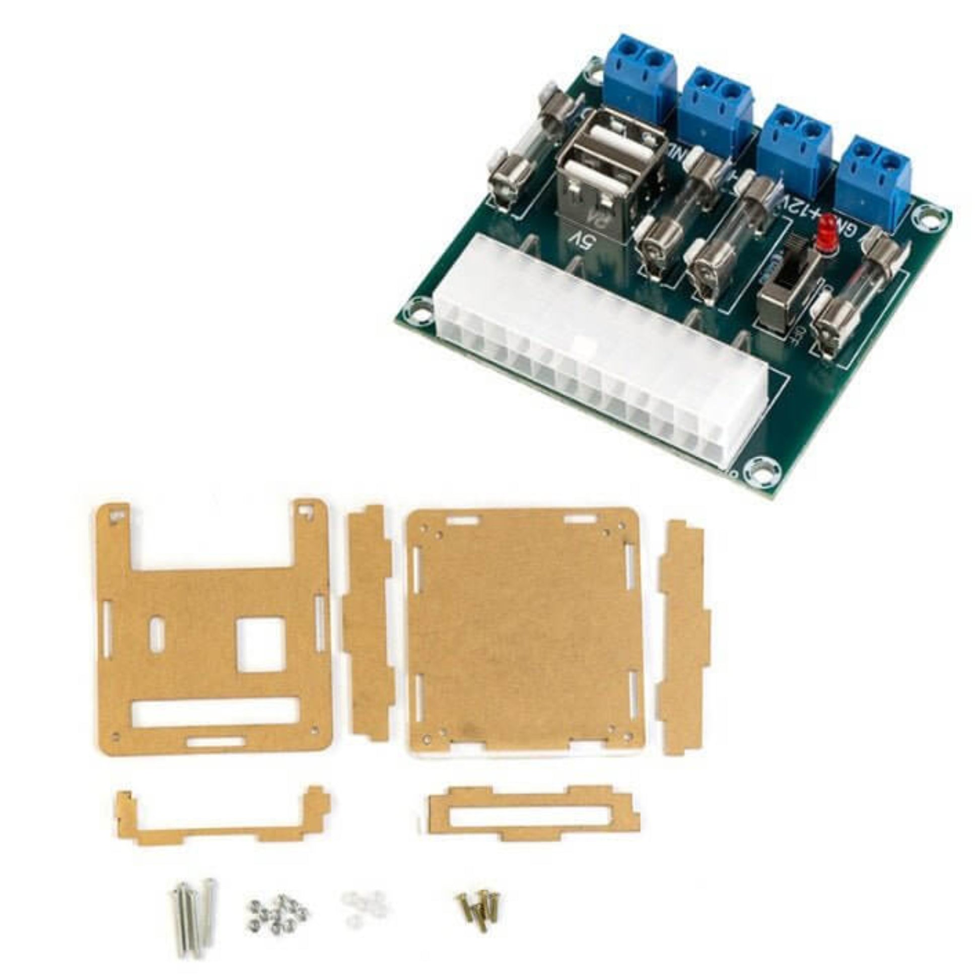 ATX power supply breakout board with USB ports and acrylic case components on a green circuit board.