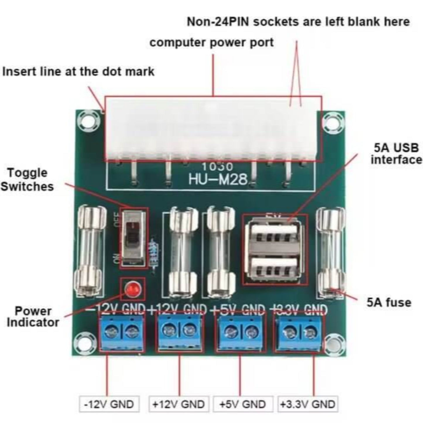 ATX power supply breakout board with toggle switches, USB interface, and outputs for multiple voltages.