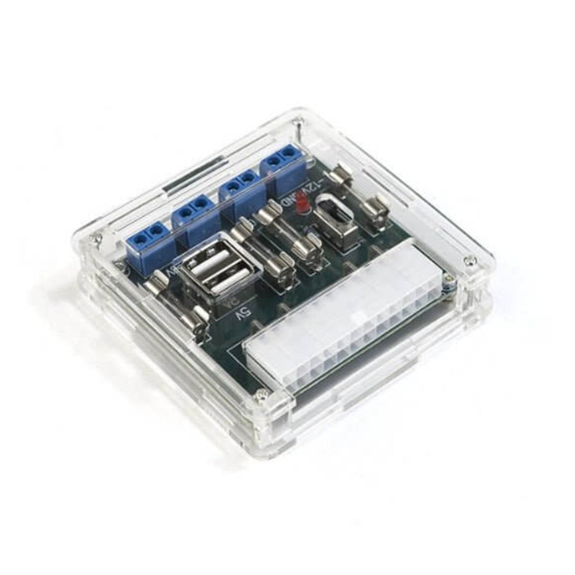 ATX PC power supply breakout board in acrylic case with USB ports for versatile voltage access.