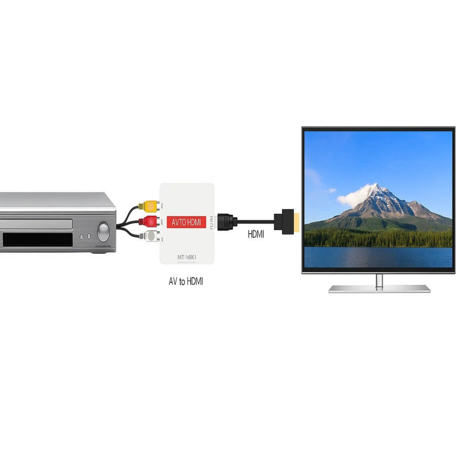 MT-VIKI MT-AH01 AV to HDMI Converter connecting a VCR to an HDTV using composite input.
