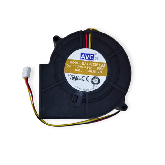 Top view of the AVC BA10033B12M blower fan, showing the model number, 12V 0.99A specs, and ball bearing type on the label.
