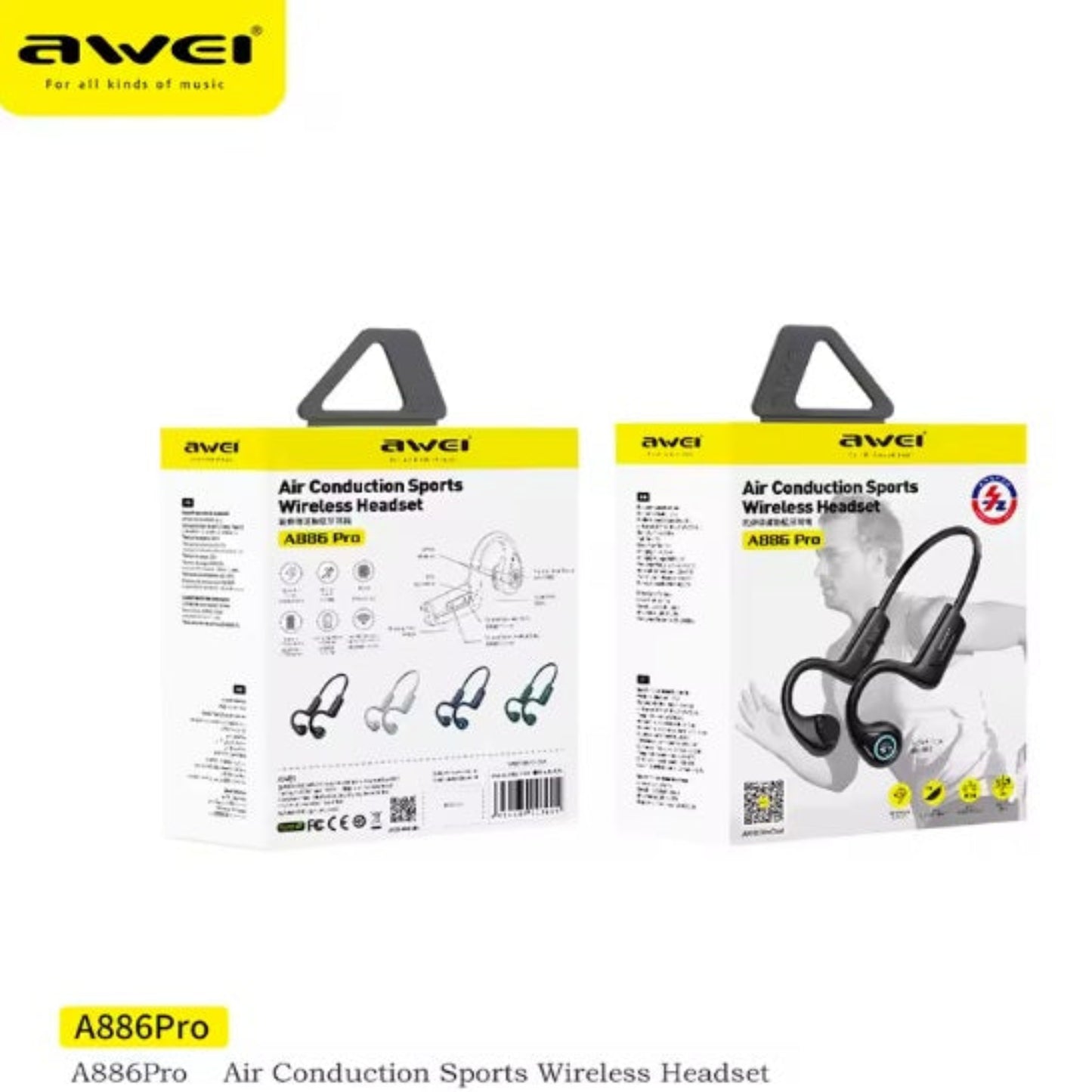 Retail packaging of Awei A886 Pro Air Conduction Sports Wireless Headset showing specifications.