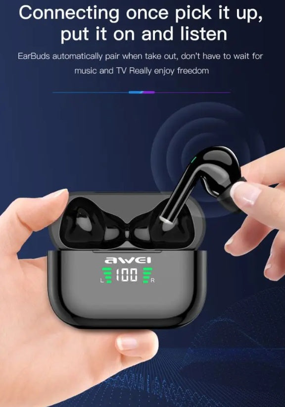 A hand taking an AWEI T29P earbud out of its charging case, illustrating the automatic pairing feature for instant connection.