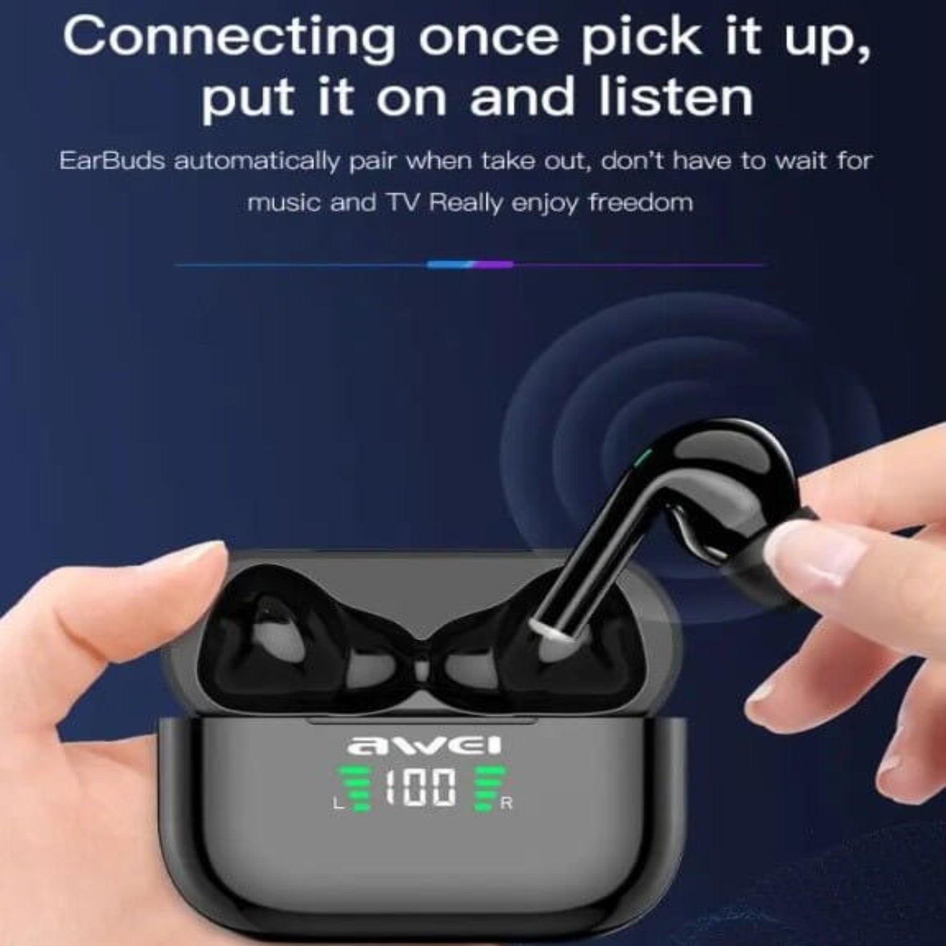 User picking up AWEI T29P True Wireless Earbuds from charging case, showcasing automatic pairing feature.