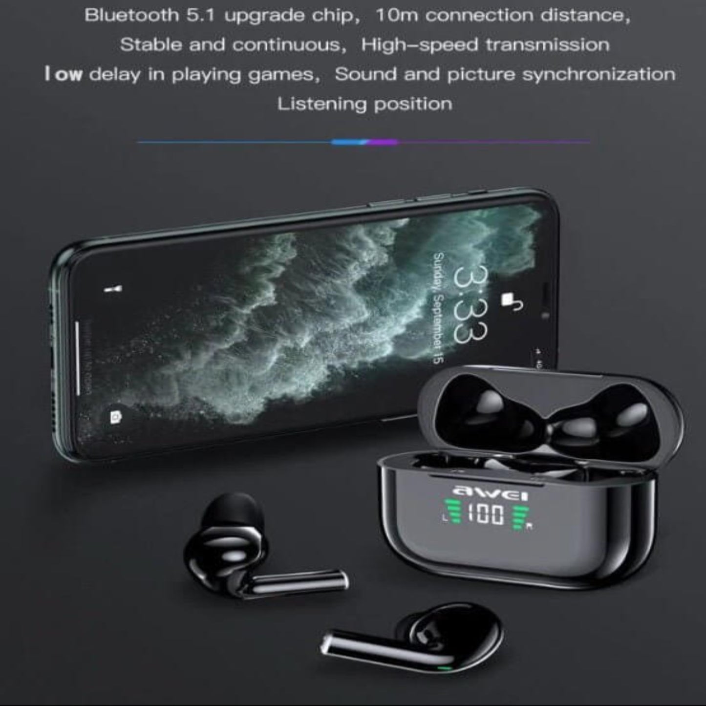 AWEI T29P Bluetooth 5.1 earbuds with charging case next to smartphone, showcasing stable connection and audio quality.