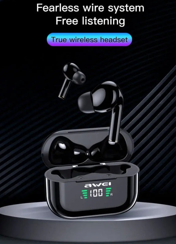 An AWEI T29P earbud positioned outside the charging case, emphasizing the "fearless wire system" and true wireless experience.