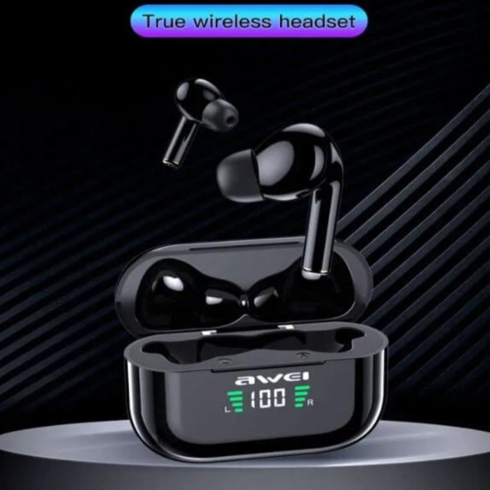 AWEI T29P Bluetooth 5.1 true wireless earbuds with charging case and digital display.