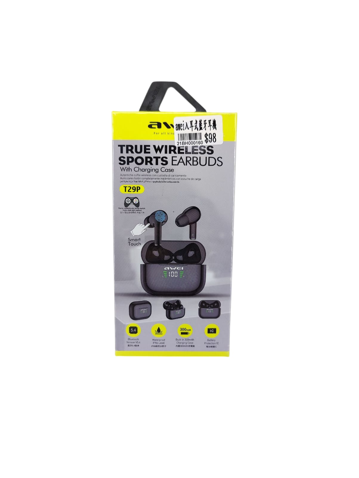 The retail packaging box for AWEI T29P True Wireless Sports Earbuds, showing key features like Bluetooth 5.1, smart touch, and battery life.