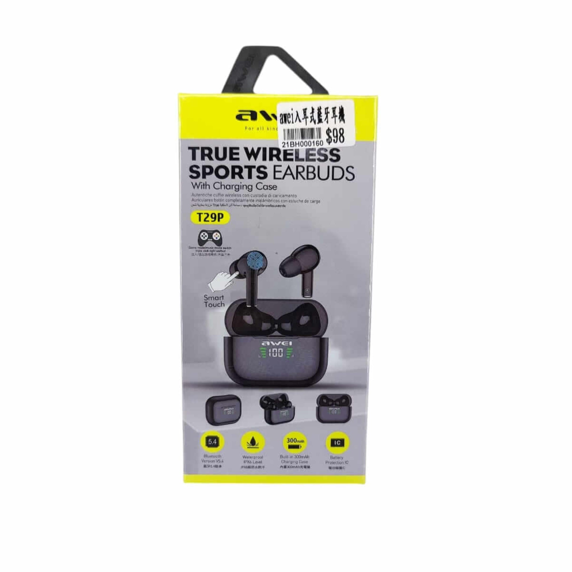 AWEI T29P True Wireless Earbuds packaging showcasing sport design and charging case features.
