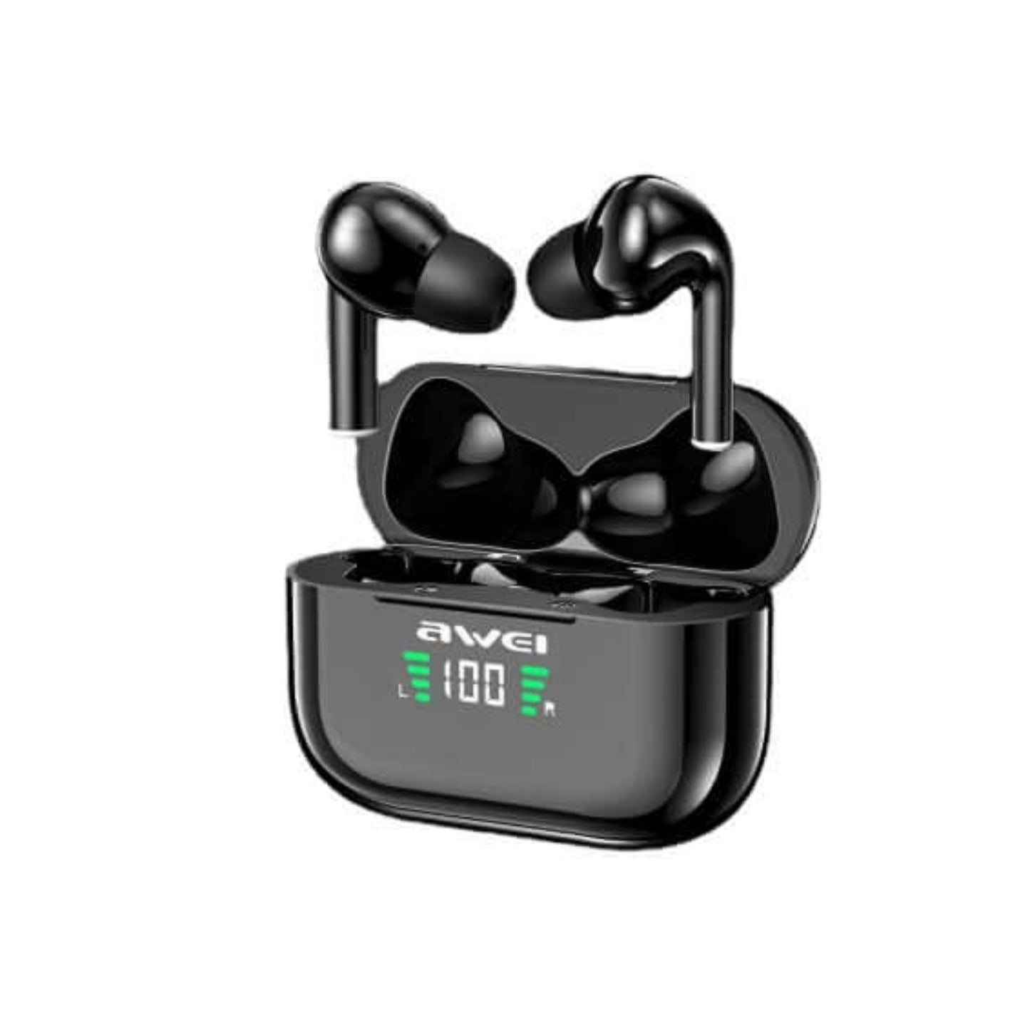 AWEI T29P Bluetooth 5.1 True Wireless Earbuds in black with charging case displaying battery level.
