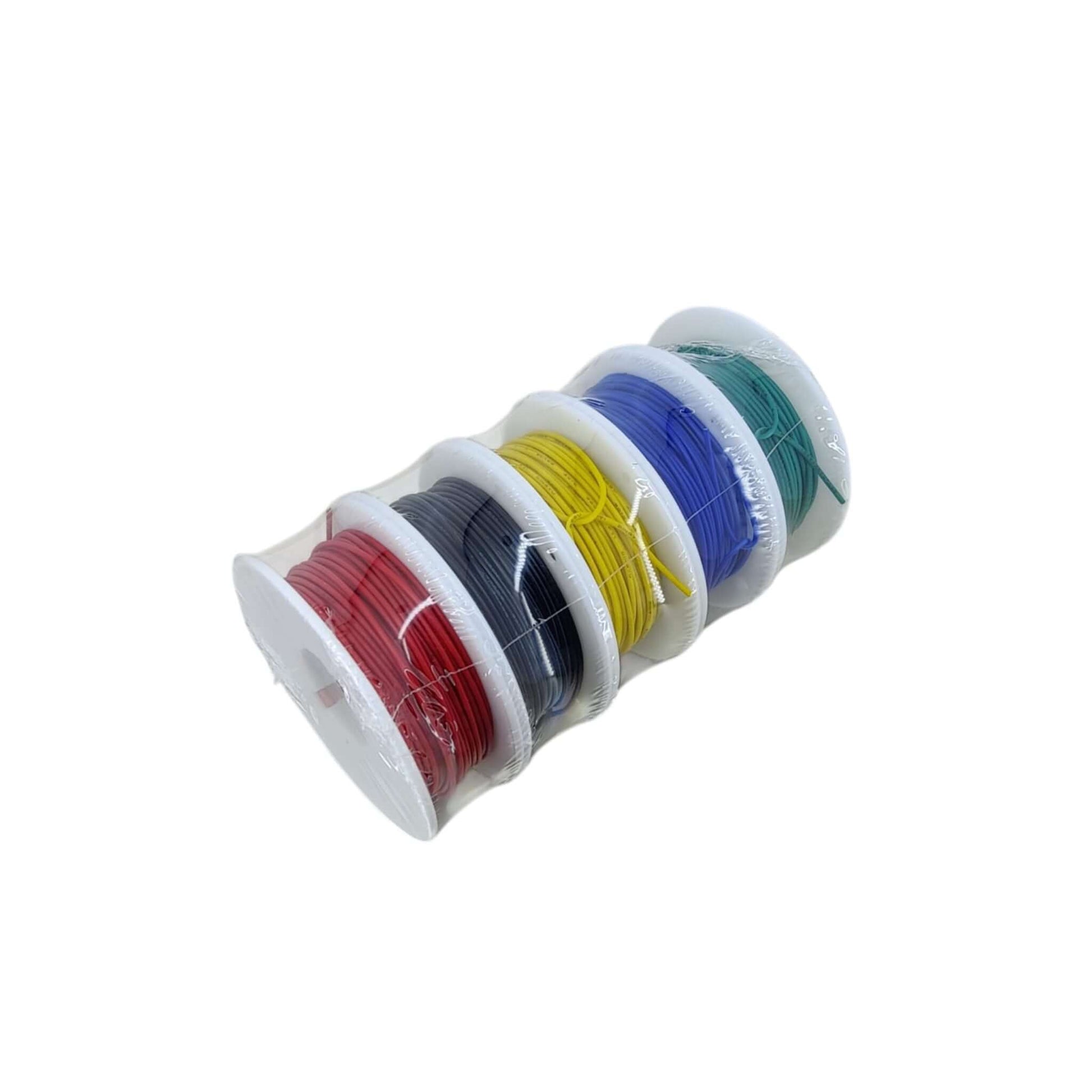 AWG30 electrical wire set with five 20m rolls in red, black, yellow, blue, and green colors for electronics and DIY projects.
