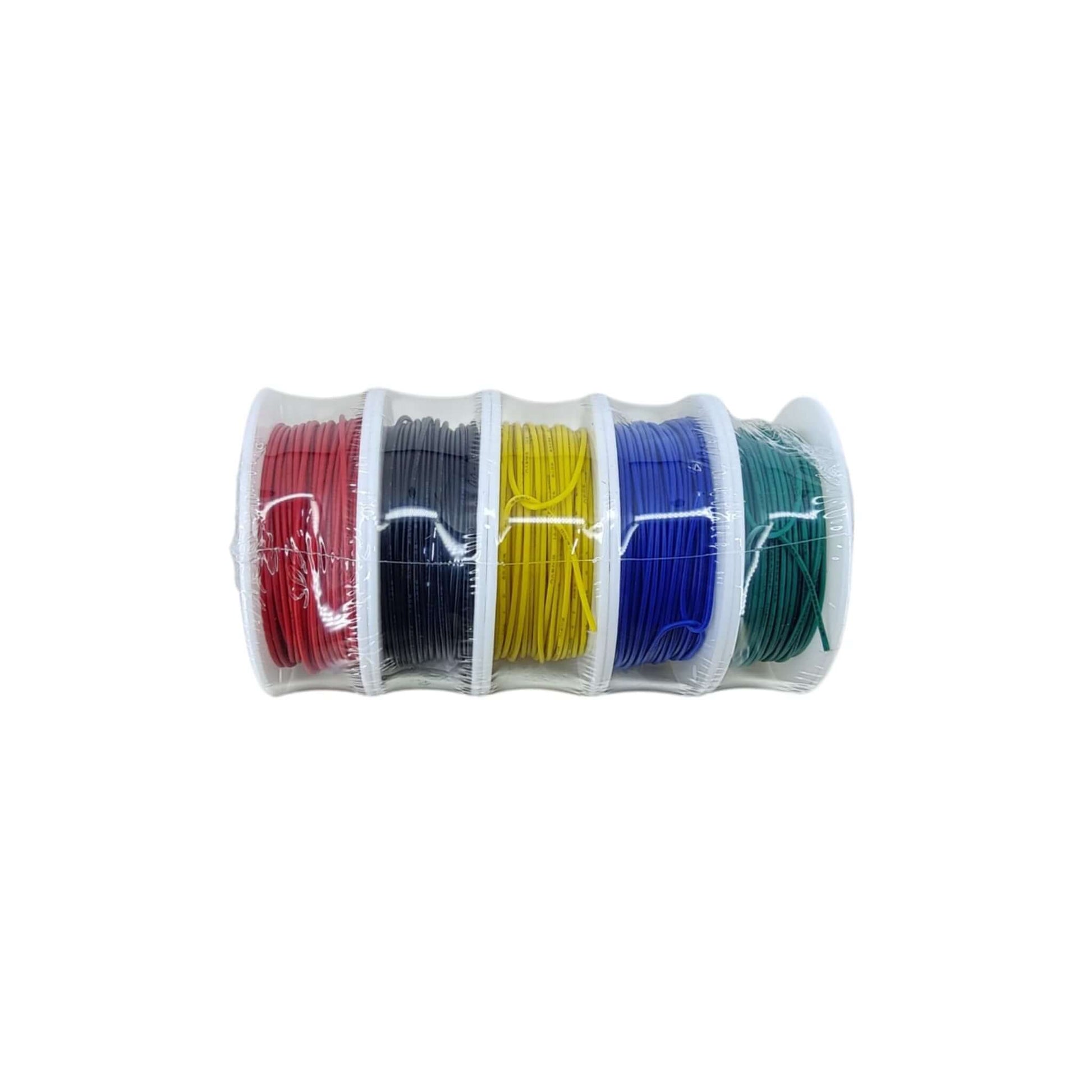AWG30 electrical wire set showing 5 rolls of 20m wire in red, black, yellow, blue, and green colors.