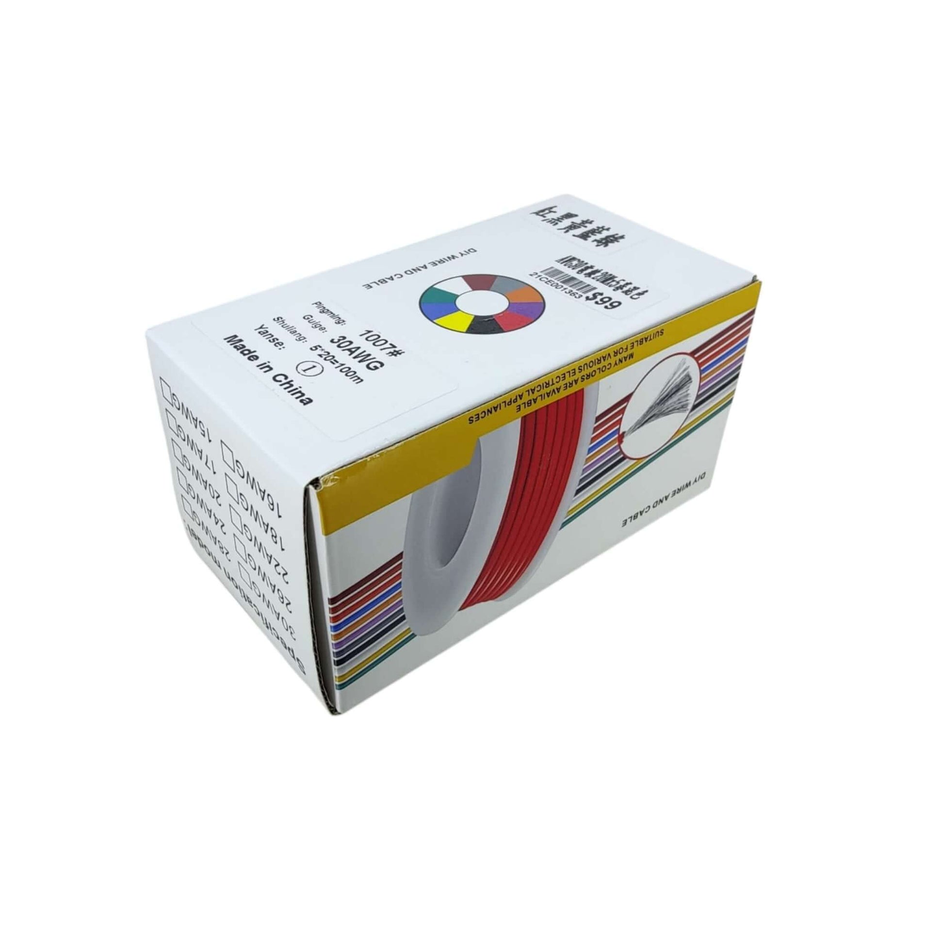 AWG30 electrical wire set packaging, featuring vibrant color stripe and specification, ideal for DIY and electronics project.