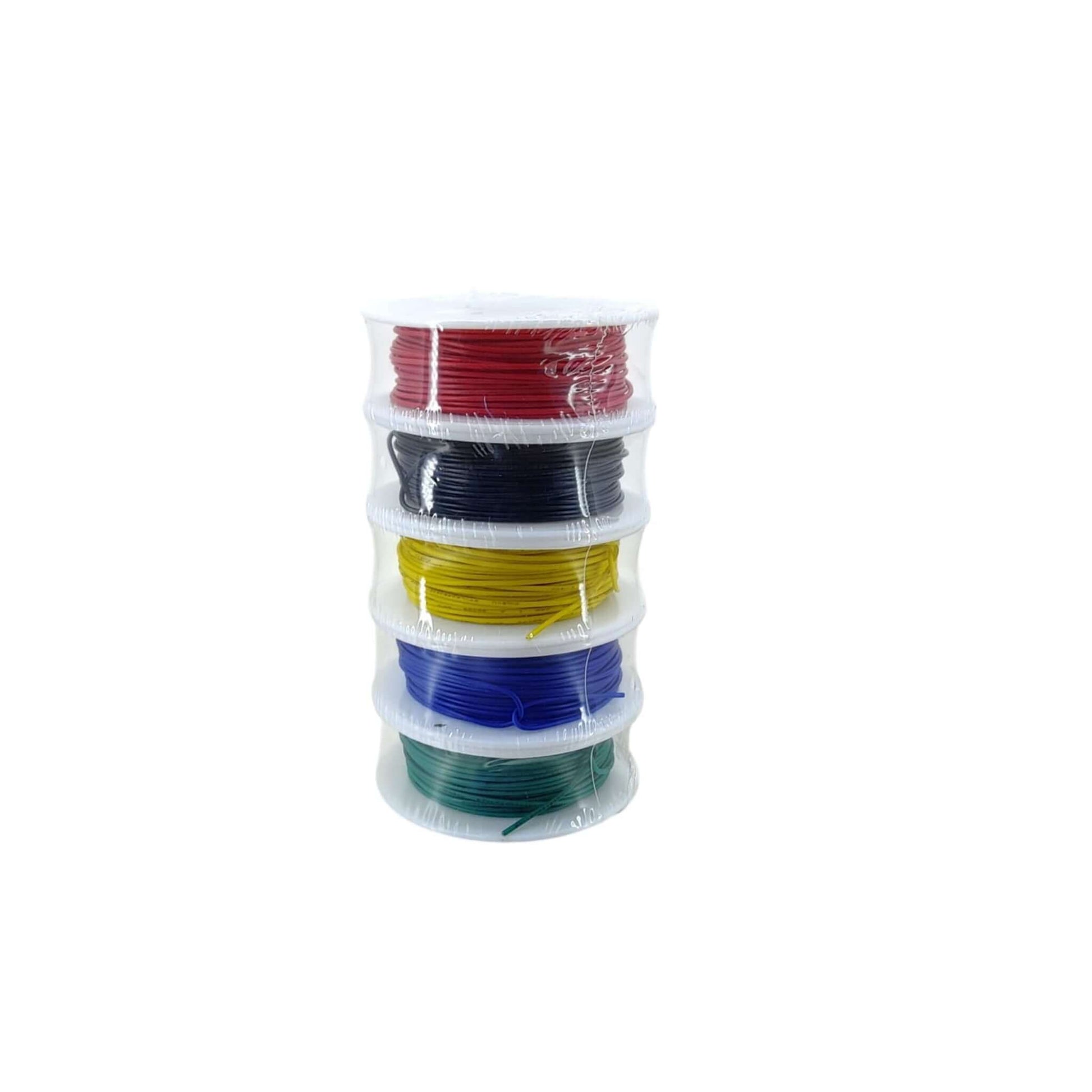 Five rolls of AWG30 electrical wire in red, black, yellow, blue, and green colors stacked for electronics projects.