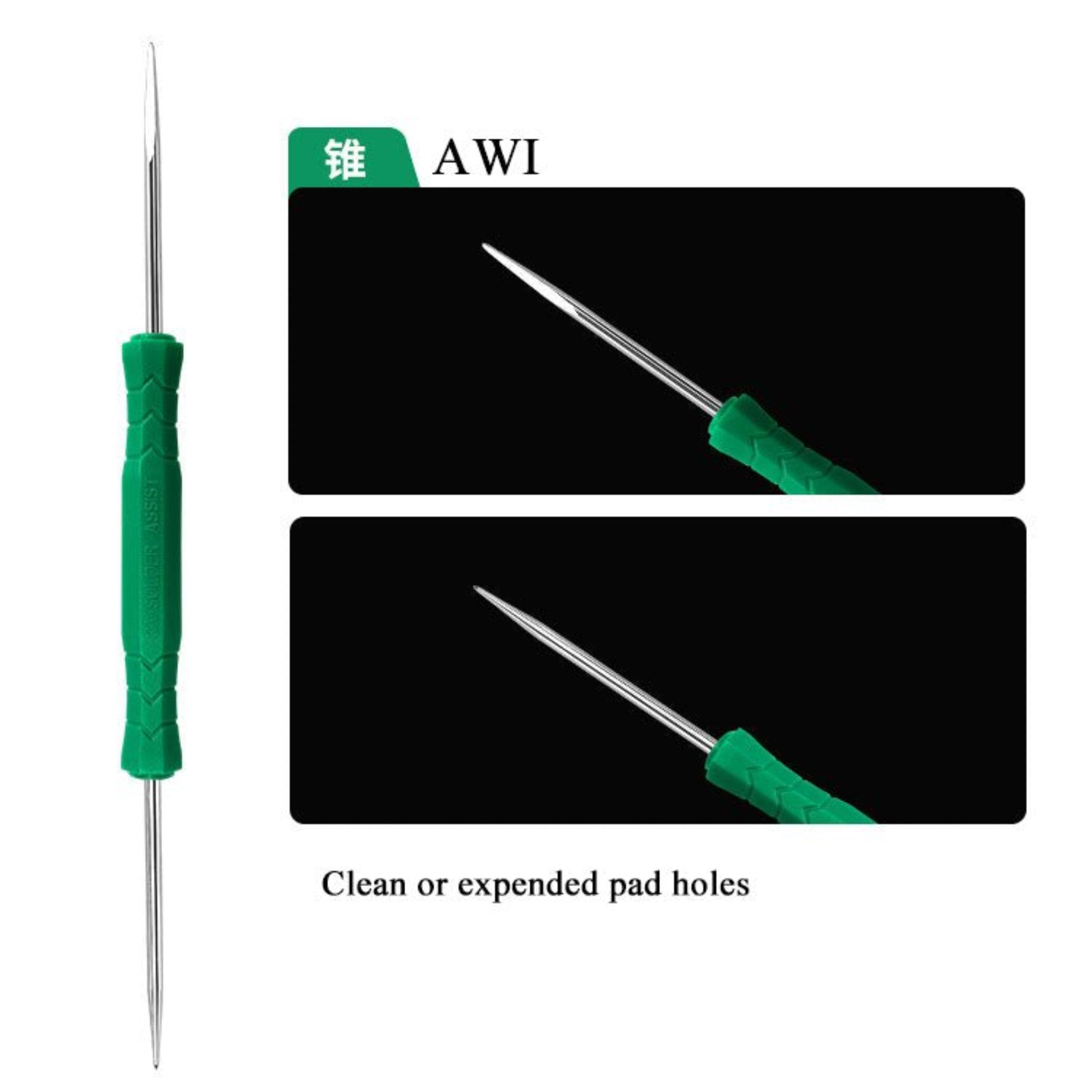 Precision soldering tool for cleaning or expanding pad holes, featuring a green ergonomic handle.