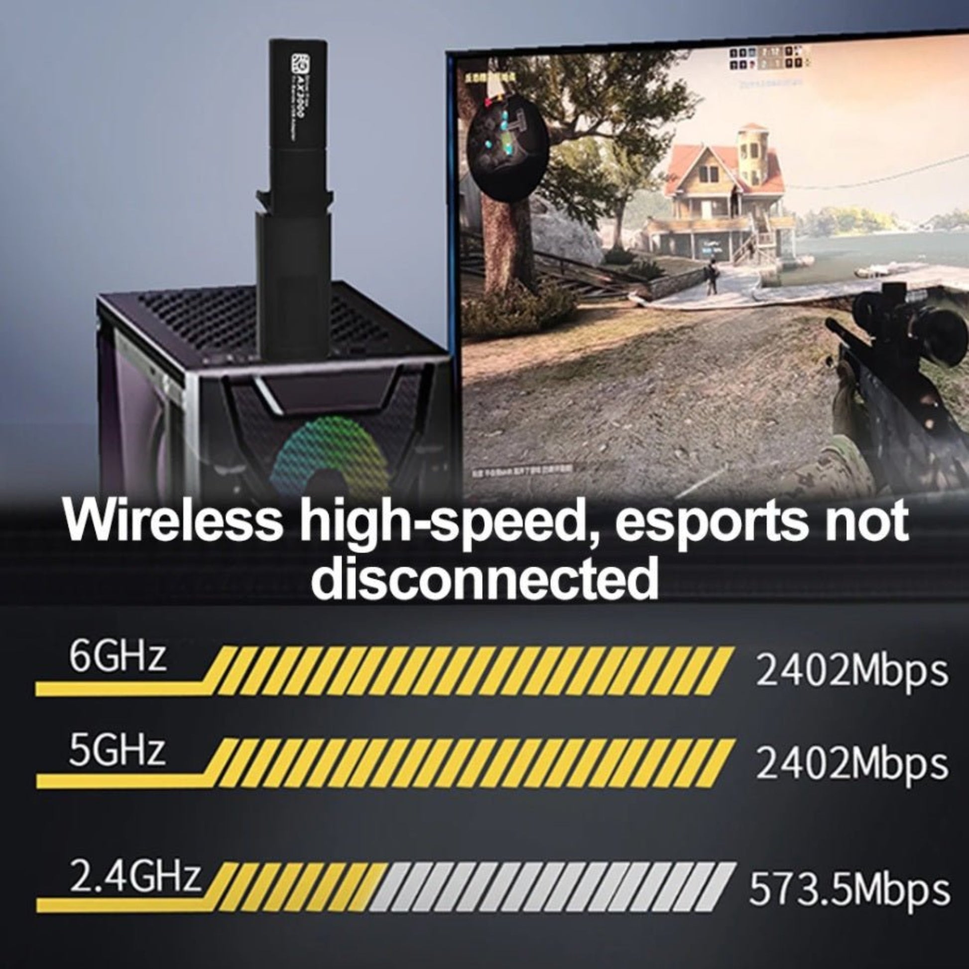 AX5400 WiFi 6E USB 3.0 Adapter showcasing tri-band speeds for seamless gaming and streaming performance.