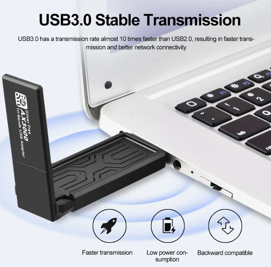 AX5400 WiFi 6E USB adapter plugged into laptop, highlighting USB 3.0 stable transmission, faster speed, low power, and backward compatibility