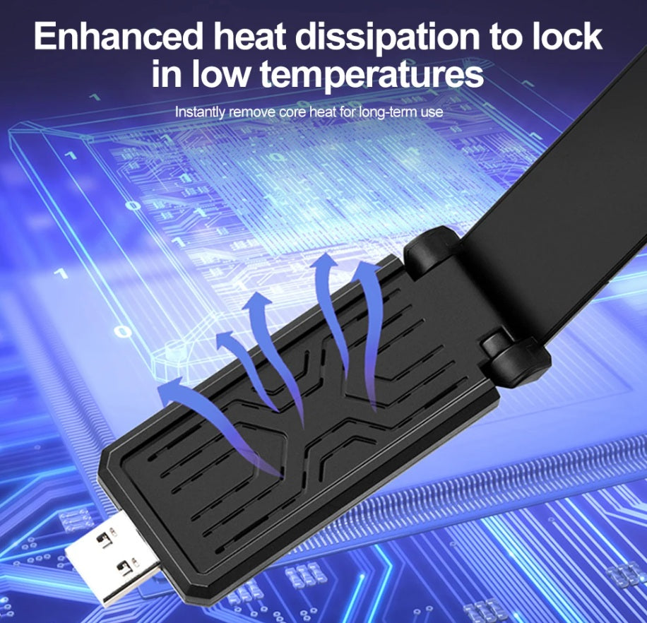 Diagram showing enhanced heat dissipation and cooling vents on the AX5400 WiFi 6E USB adapter