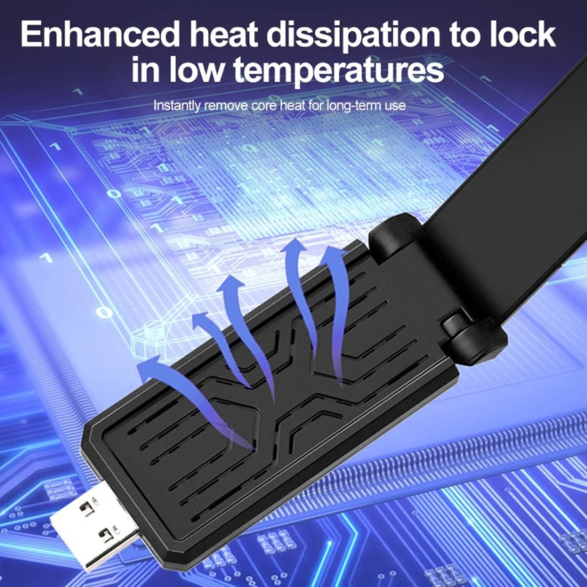 AX5400 WiFi 6E USB adapter with enhanced heat dissipation for optimal performance and stability.