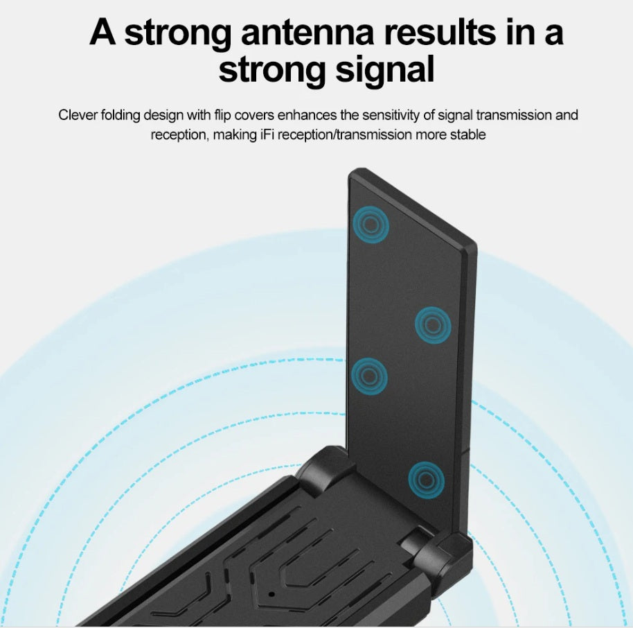Close-up of AX5400 WiFi 6E adapter's folding antenna design for enhanced signal reception