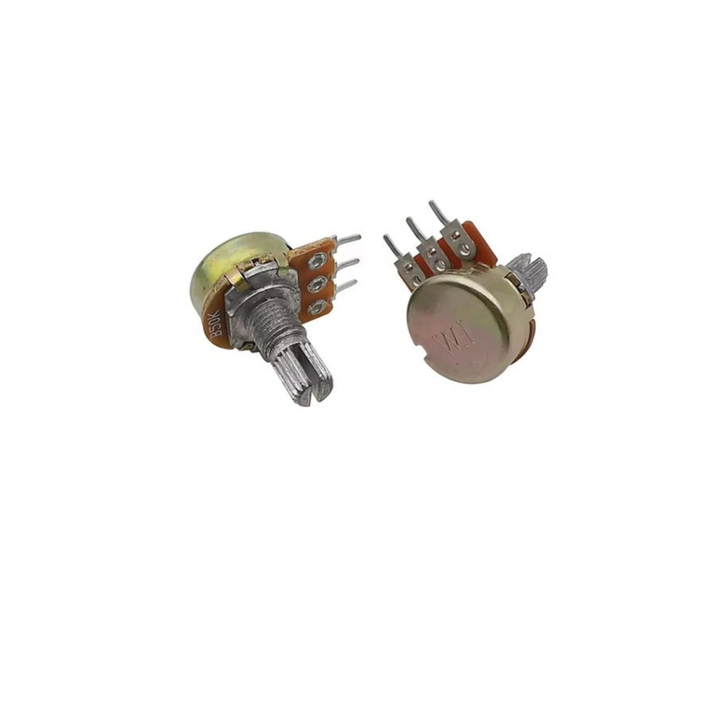 Two rotary potentiometers from the WH148 kit, showcasing a 15mm shaft and color-coded components.