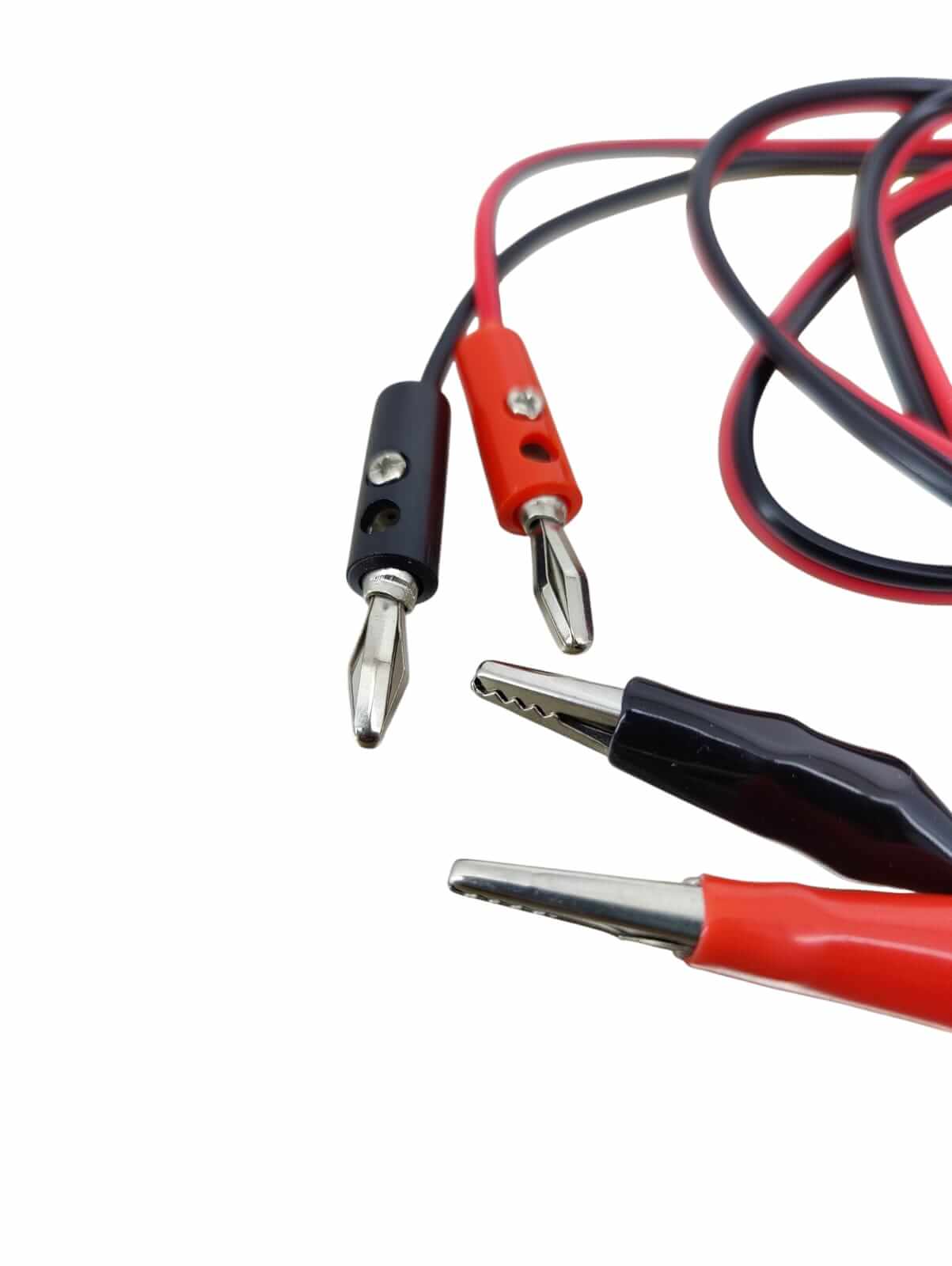 Close-up of red and black 1-meter banana plug to alligator clip test leads for electronics testing.