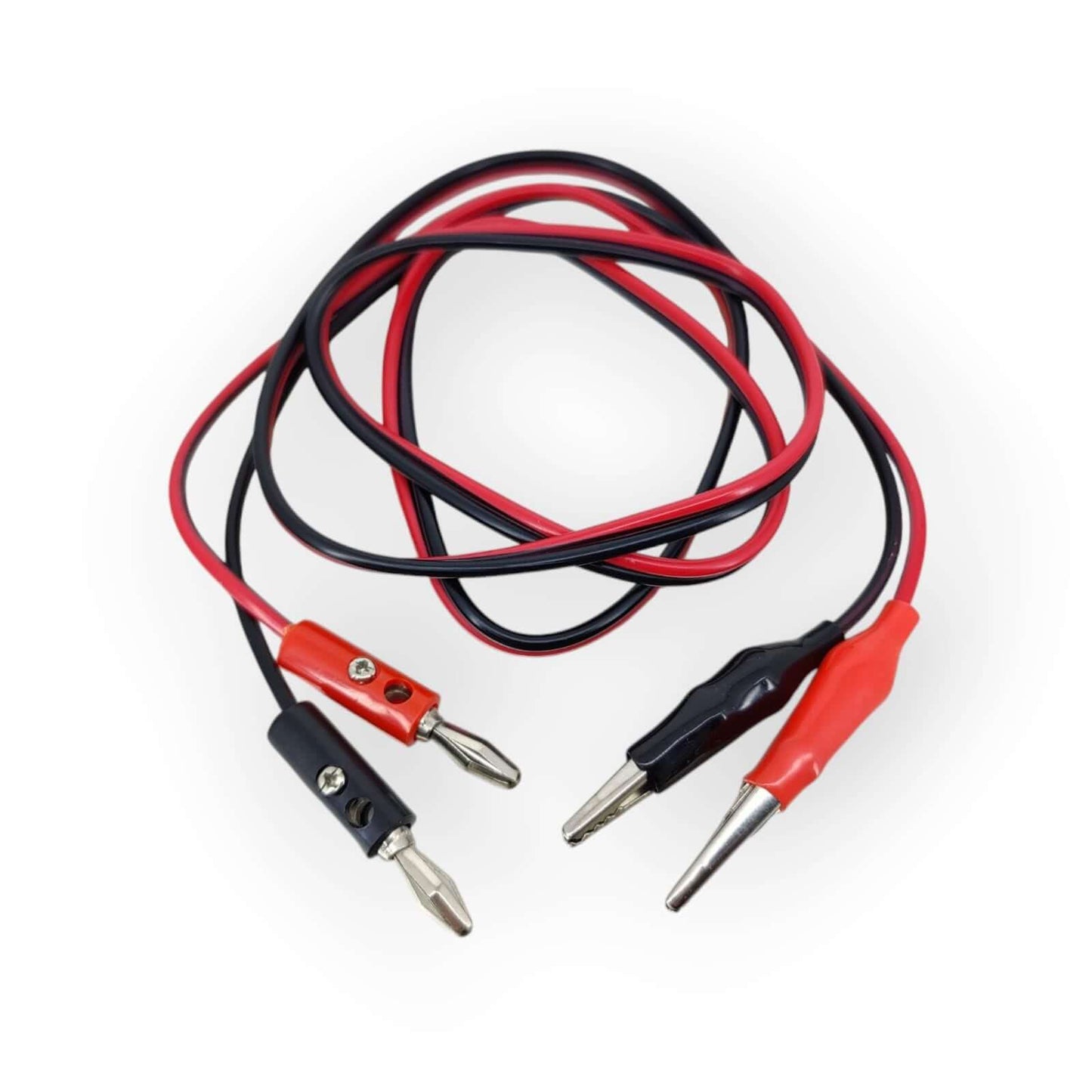 1-meter banana plug to alligator clip test leads in red and black, ideal for electronics projects and testing.
