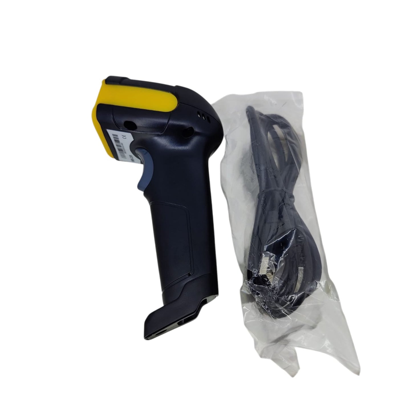 The complete barcode scanner product with its included USB cable.