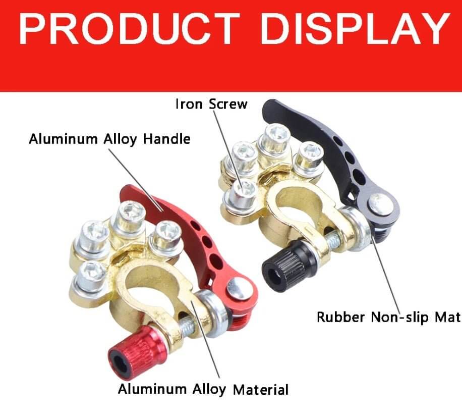 Car battery quick release terminals showing aluminum alloy handles and rubber non-slip mats for easy attachment.