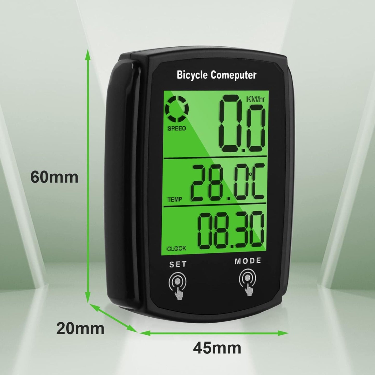 Dimensions of the bicycle speedometer: 60mm tall, 45mm wide, and 20mm deep.