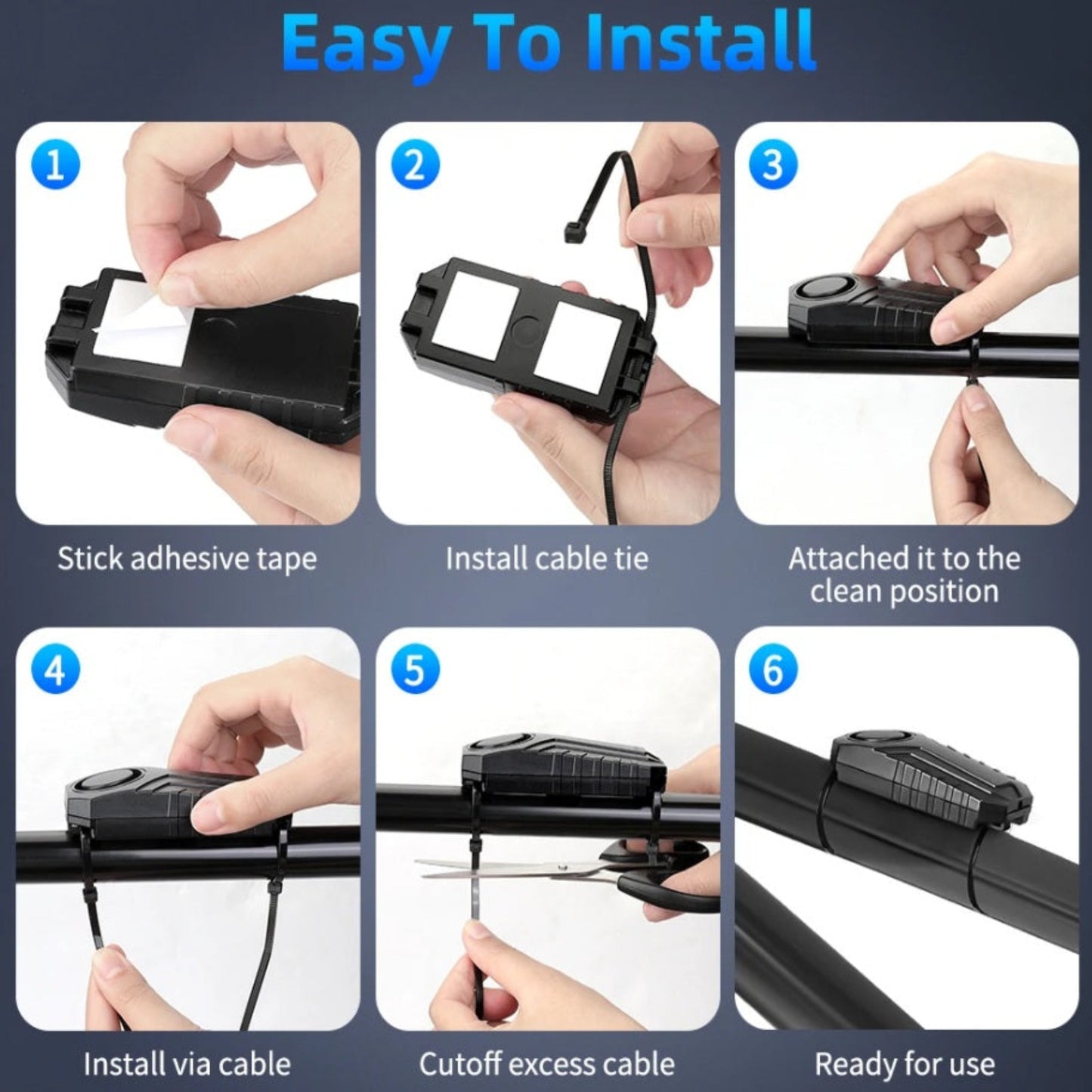A six-step guide showing how to easily install the bike alarm using adhesive tape and a cable tie.