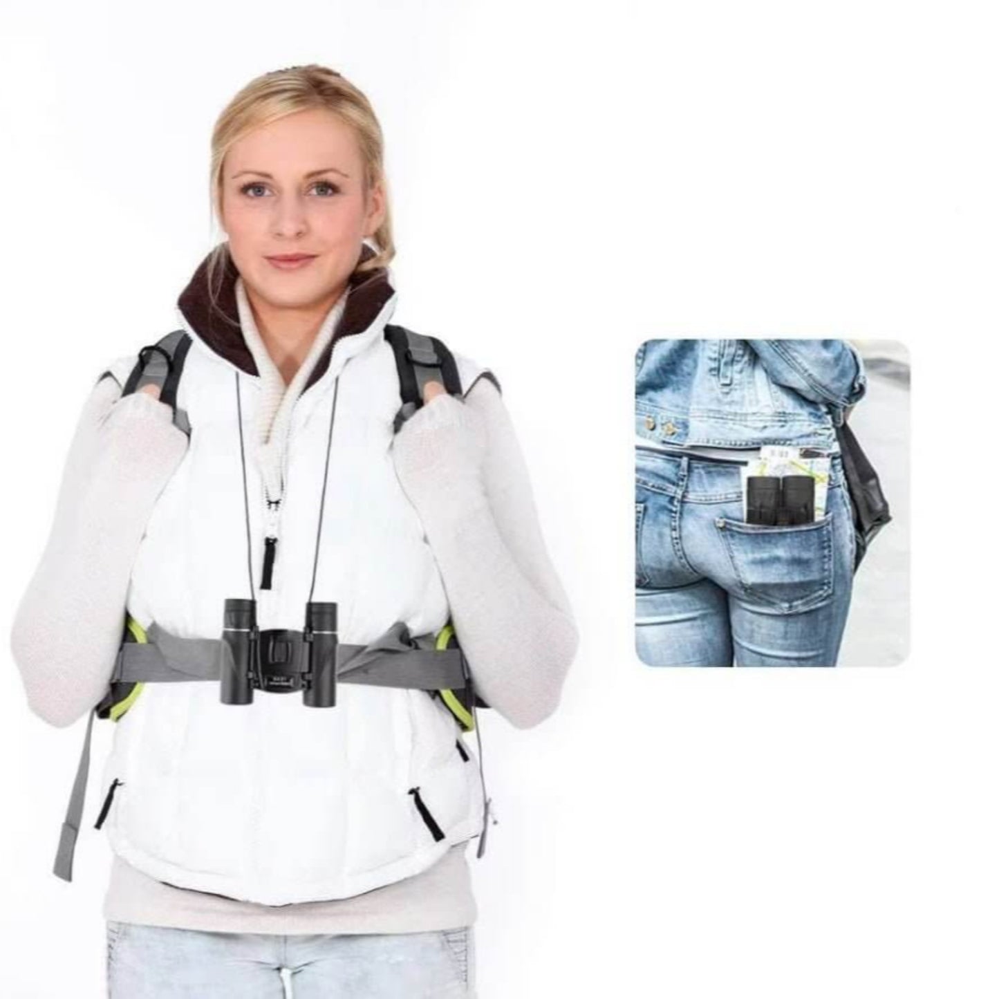 Woman wearing a white vest with binoculars, showcasing compact design for outdoor adventures and activities.