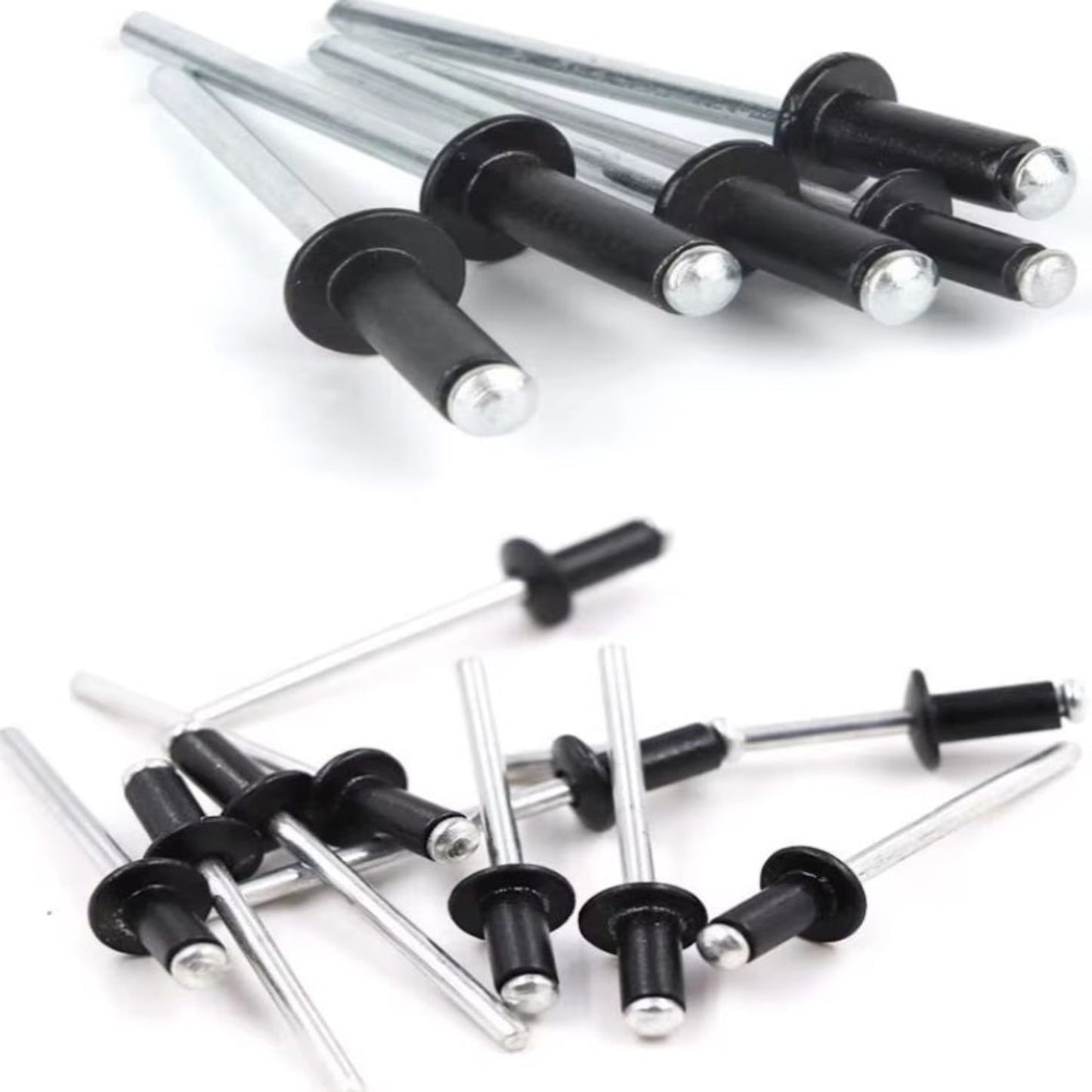 180pcs black plated aluminum blind rivets in various sizes for automotive and furniture assembly.
