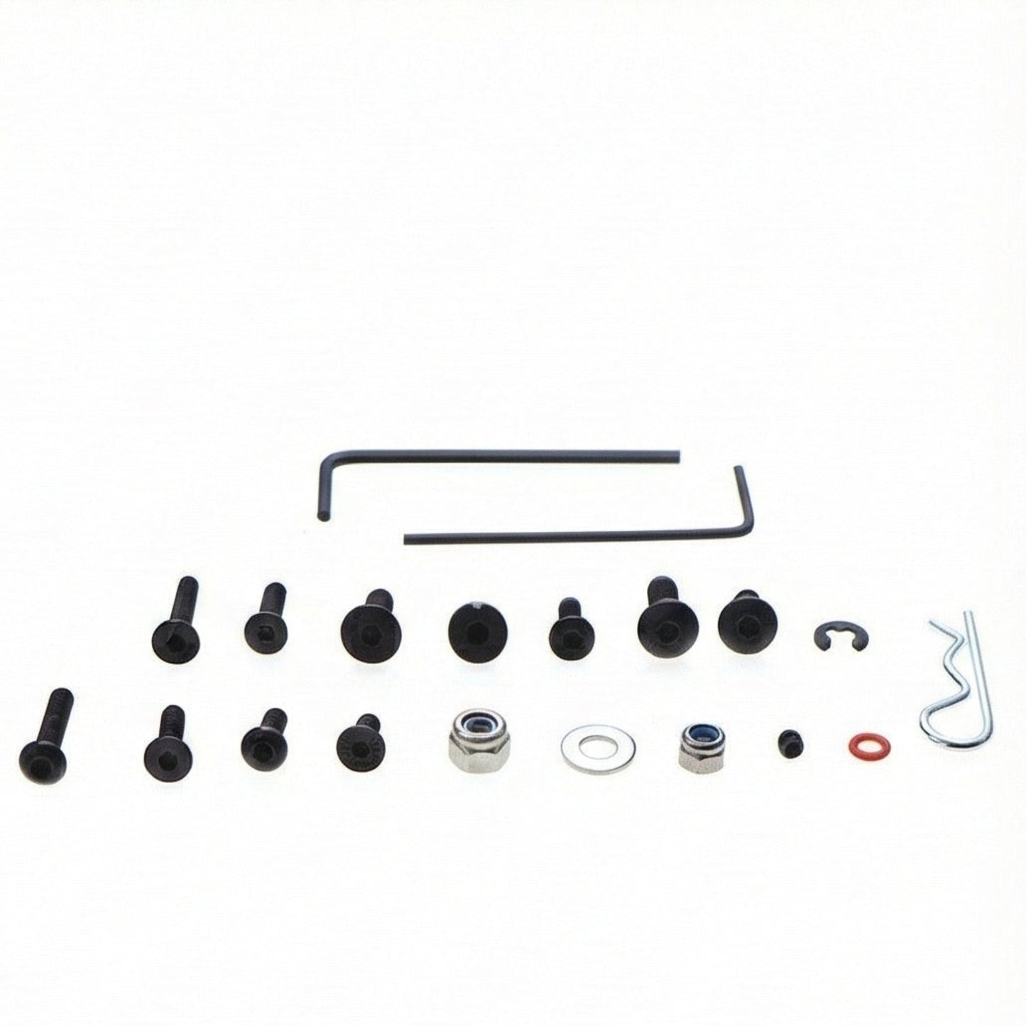 Layout of M3 and M4 round and flat head screws, hex keys, lock nuts, and r-clips included in the set.
