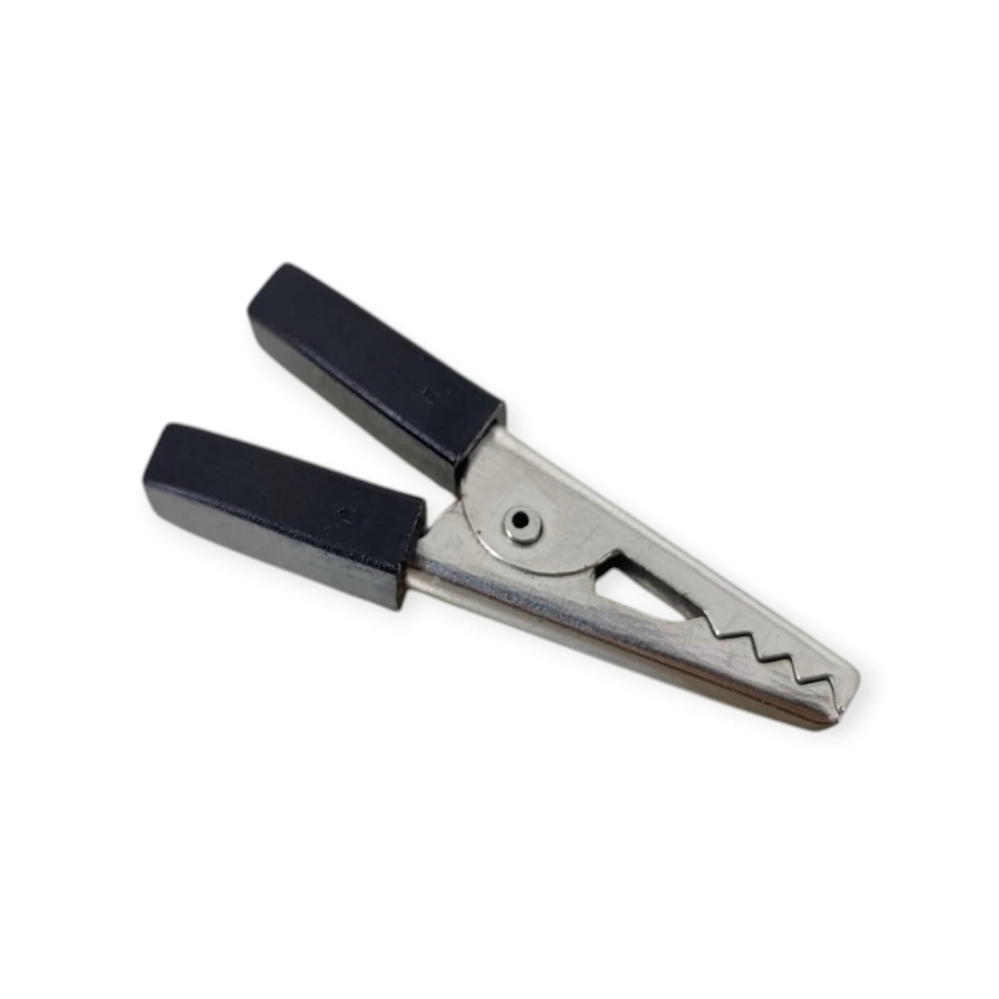 Close-up of a single 33mm black mini alligator clip with an insulated handle.