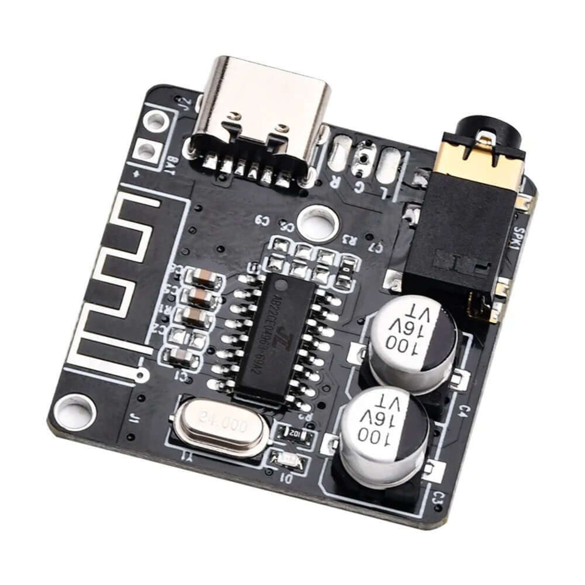 Bluetooth 5.0 amplifier module with USB-C power supply and audio connectors, ideal for car speaker replacements.