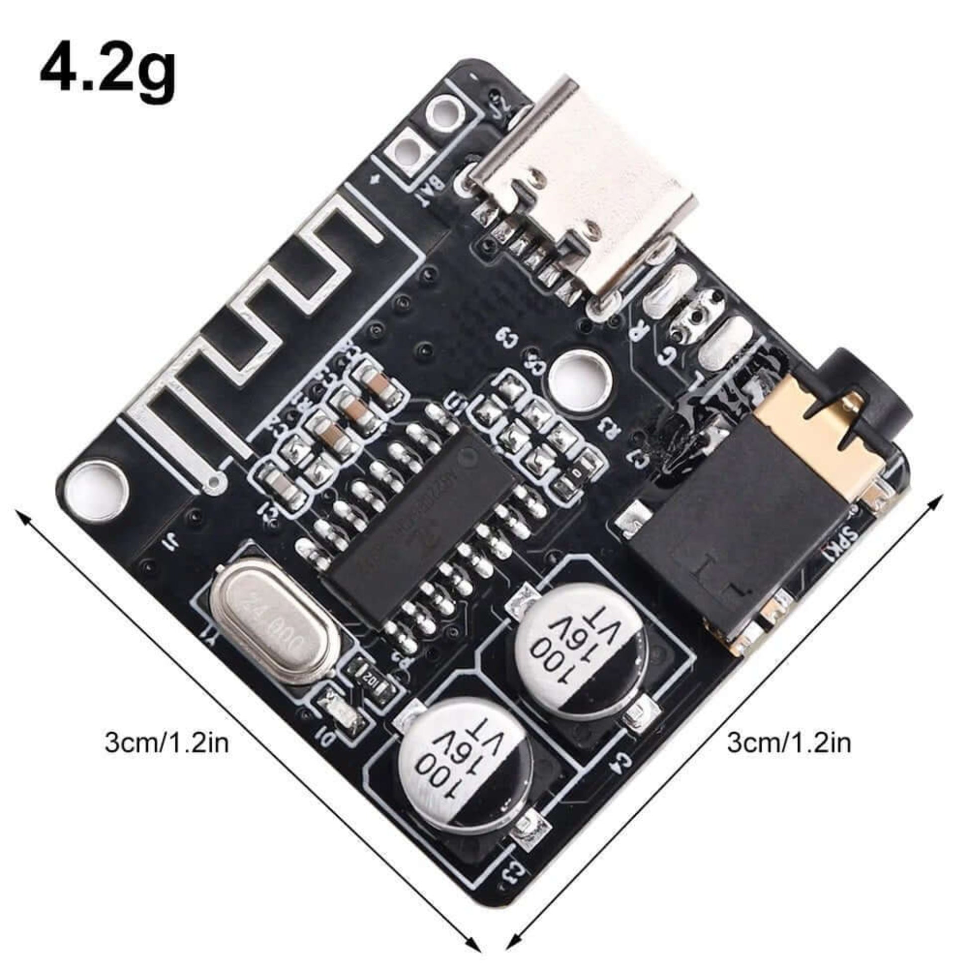 Bluetooth 5.0 amplifier module with USB-C port and compact design, ideal for DIY audio projects.