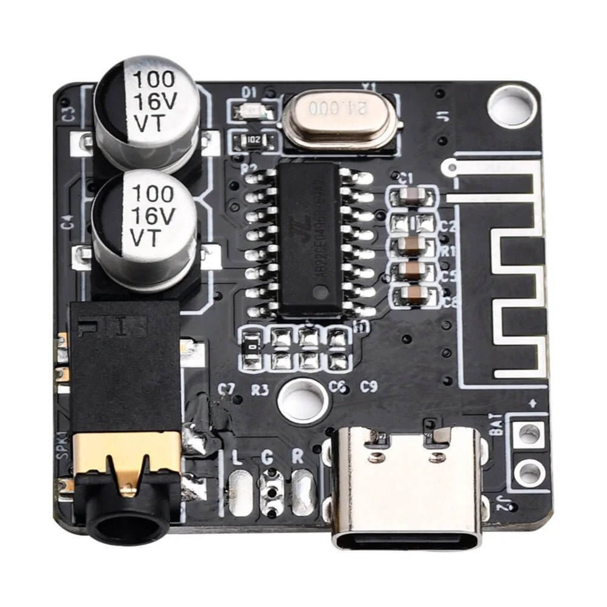 Bluetooth 5.0 amplifier module with USB-C power supply and audio output connections for DIY projects.