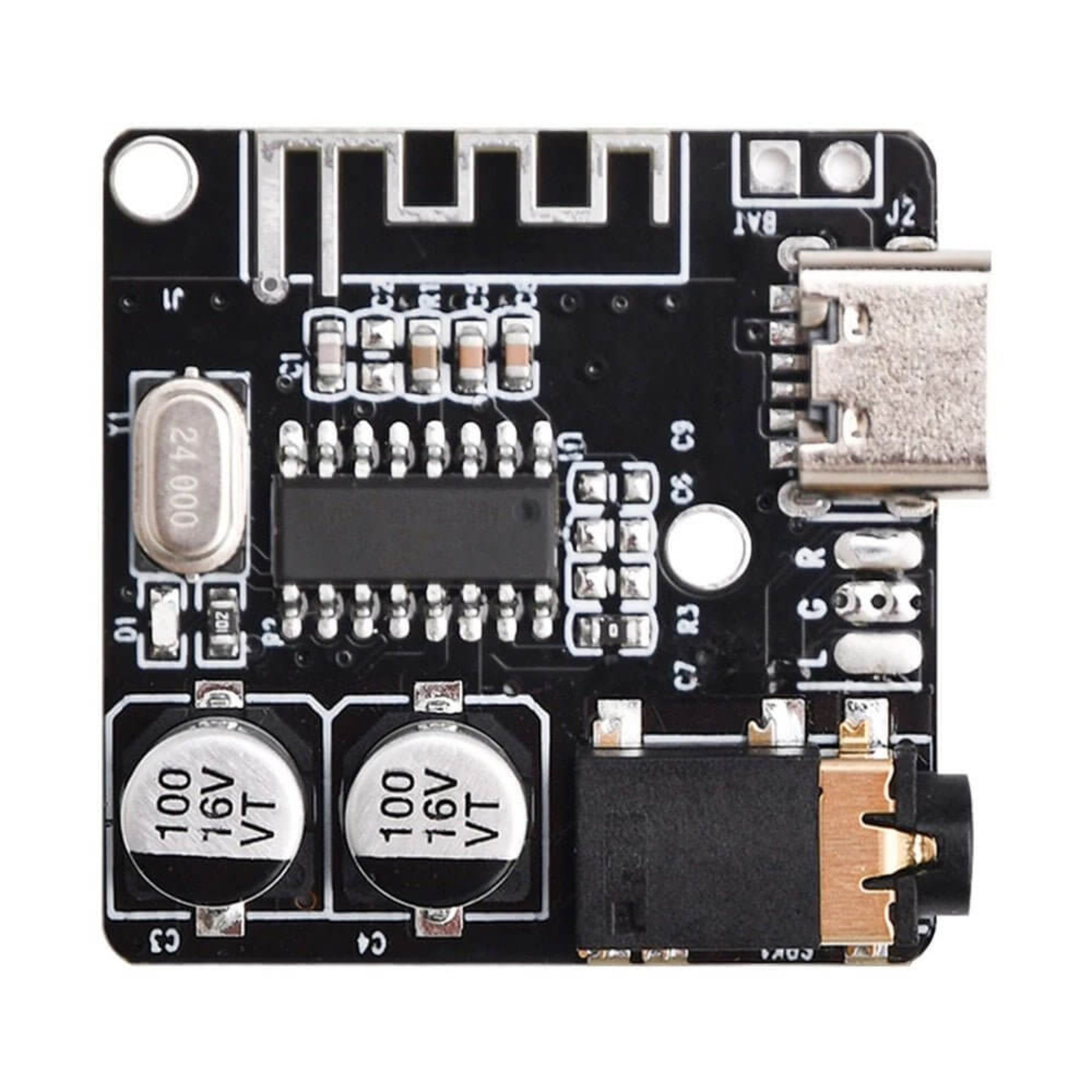 Bluetooth 5.0 amplifier module with USB and audio input, compact design for car audio systems.
